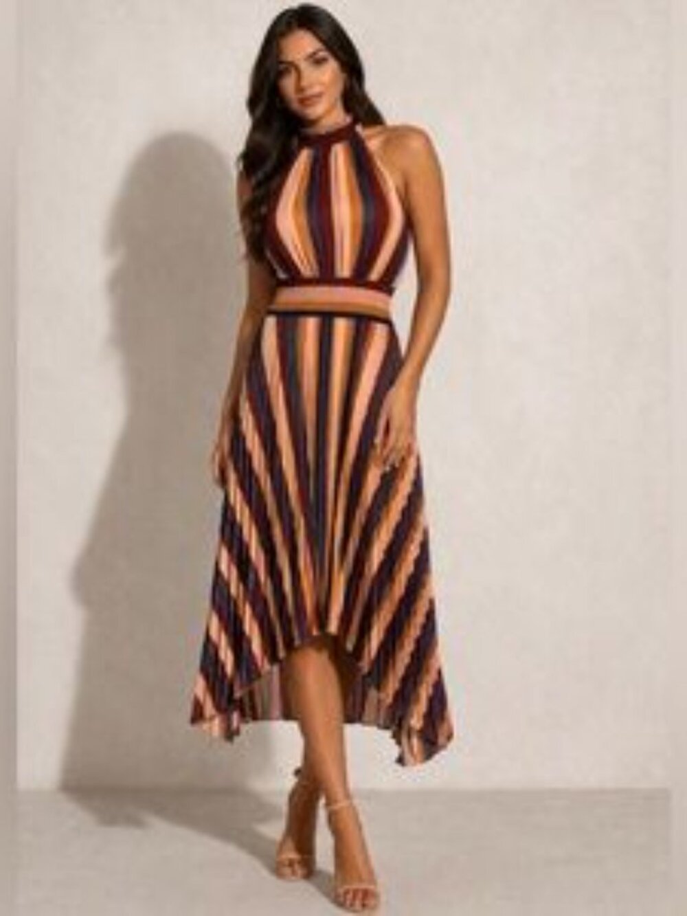 Vici Midi Dress Chiffon Pleated Sheer Smock Waist Sleeveless High Neck Sundress